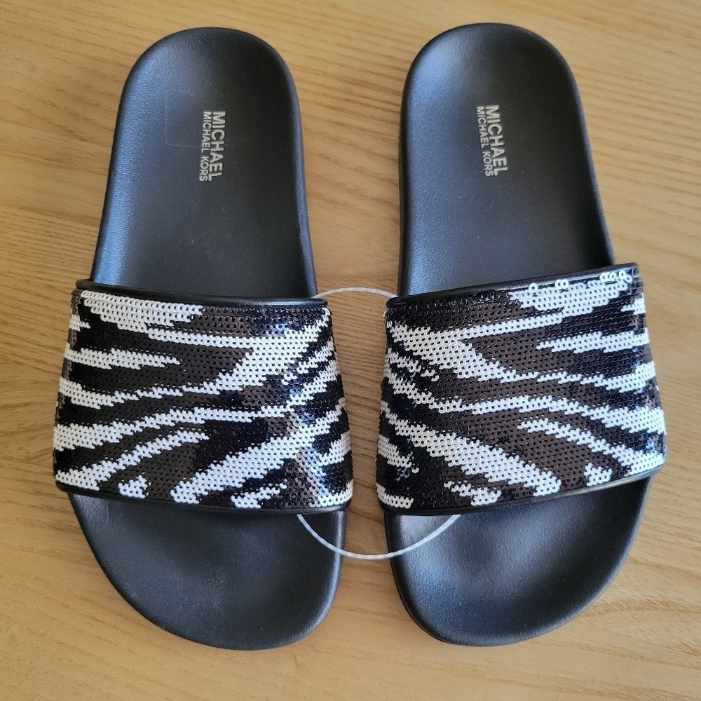Michael Kors Gilmore Sequin‎ Zebra Slides Sandals